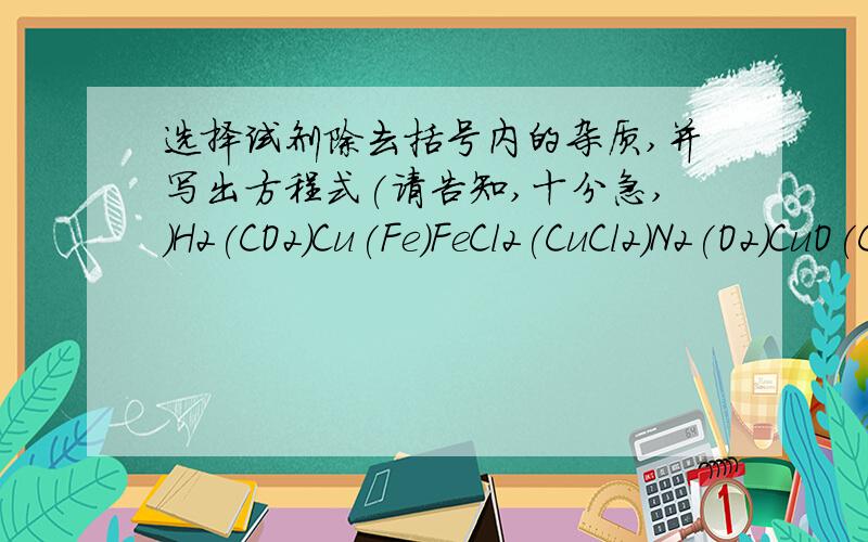 选择试剂除去括号内的杂质,并写出方程式(请告知,十分急,）H2(CO2)Cu(Fe)FeCl2(CuCl2)N2(O2)CuO(C)